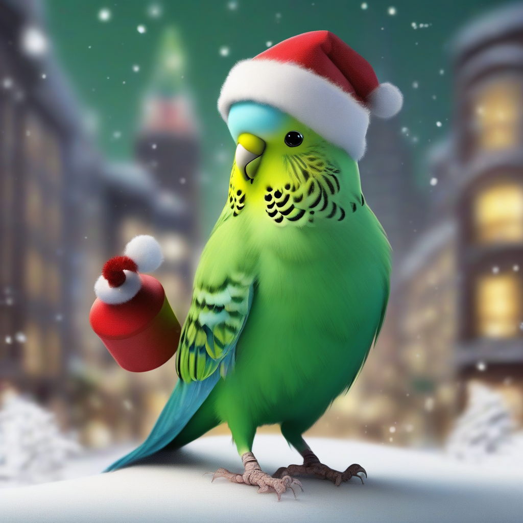 green budgie with santa hat in snowy city by Générateur d'images par IA gratuit - Aucune connexion nécessaire✨ | AIGAZOU