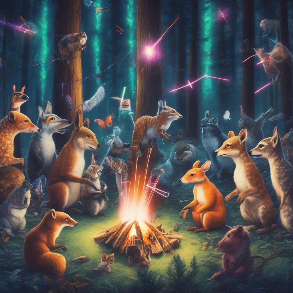 surreal image animals celebrate techno party laser show forest small campfire by मुफ्त एआई छवि जनरेटर - बिना लॉगिन के✨ | AIGAZOU