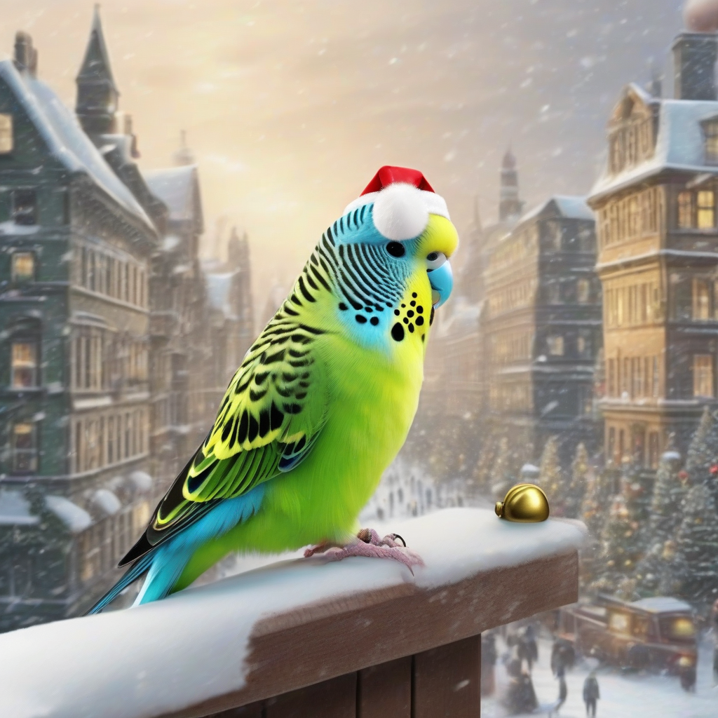 green budgie with santa hat in snowy city by मुफ्त एआई छवि जनरेटर - बिना लॉगिन के✨ | AIGAZOU