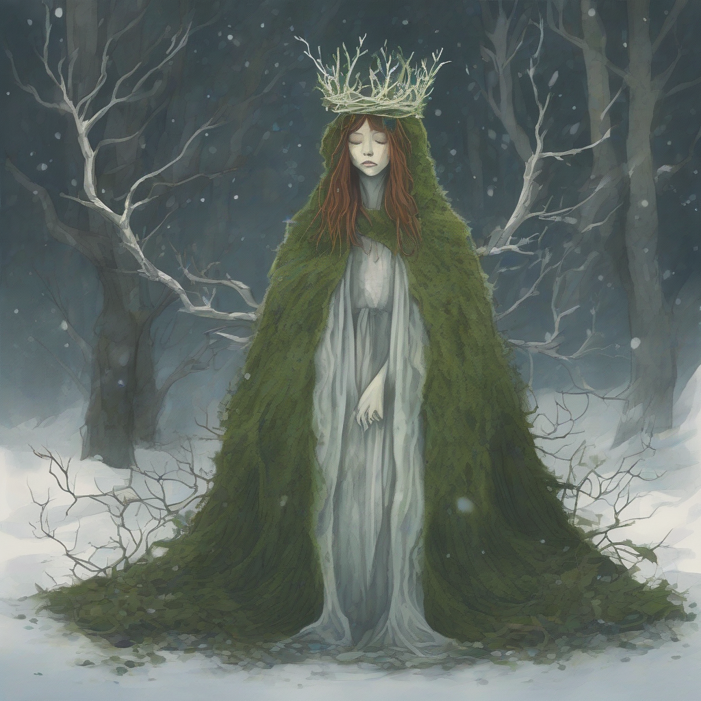 small winter spirit wearing a moss cloak and a crown of branches by मुफ्त एआई छवि जनरेटर - बिना लॉगिन के✨ | AIGAZOU