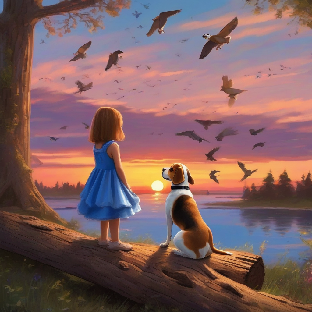 small beagle sitting on log with girl watching sunset by मुफ्त एआई छवि जनरेटर - बिना लॉगिन के✨ | AIGAZOU