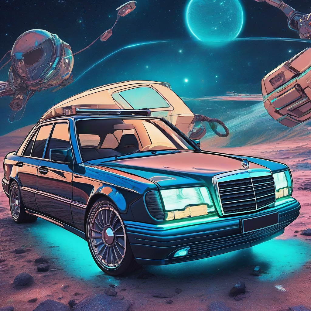 cyber futuristic mercedes w124 230e with cyan blue lighting in space with hot athlete by मुफ्त एआई छवि जनरेटर - बिना लॉगिन के✨ | AIGAZOU