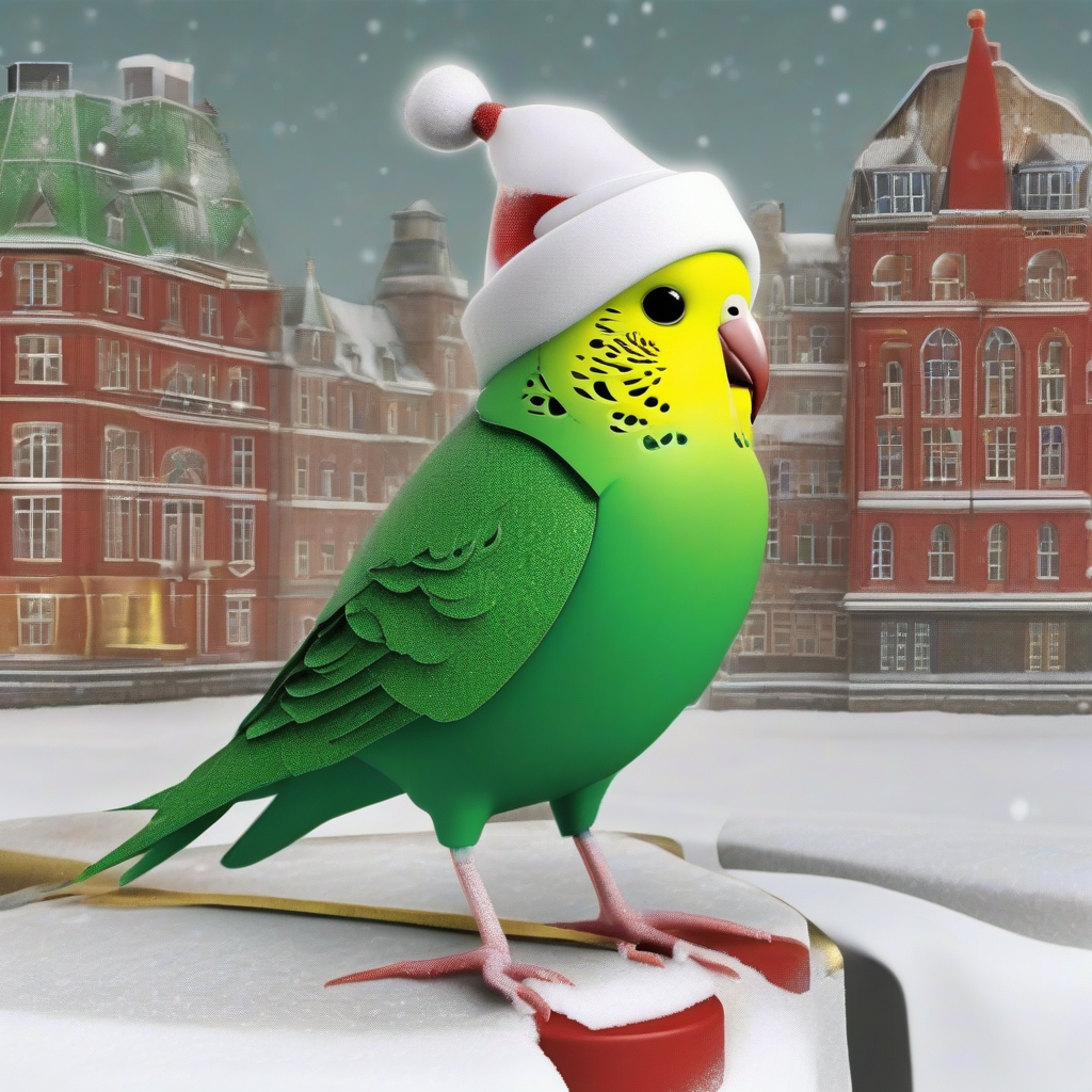 green budgie with christmas hat in snowy kiel by मुफ्त एआई छवि जनरेटर - बिना लॉगिन के✨ | AIGAZOU