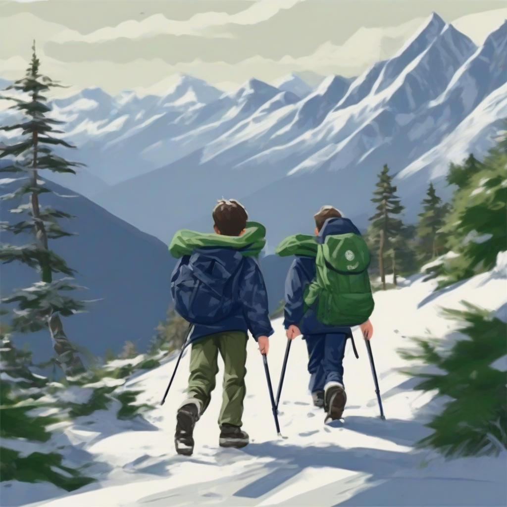 scouts 13 years old blue t shirt blue camouflage green backpack snow mountains by मुफ्त एआई छवि जनरेटर - बिना लॉगिन के✨ | AIGAZOU