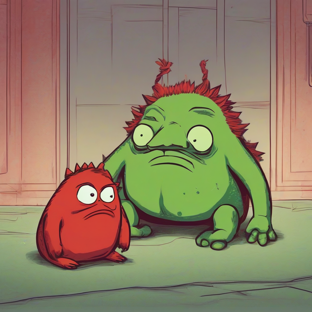 a red creature is grumpy and a green creature sits offended next to it by Générateur d'images par IA gratuit - Aucune connexion nécessaire✨ | AIGAZOU