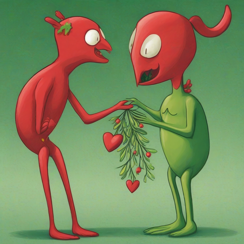 a red creature gives a green creature a heart as an apology under a mistletoe by मुफ्त एआई छवि जनरेटर - बिना लॉगिन के✨ | AIGAZOU