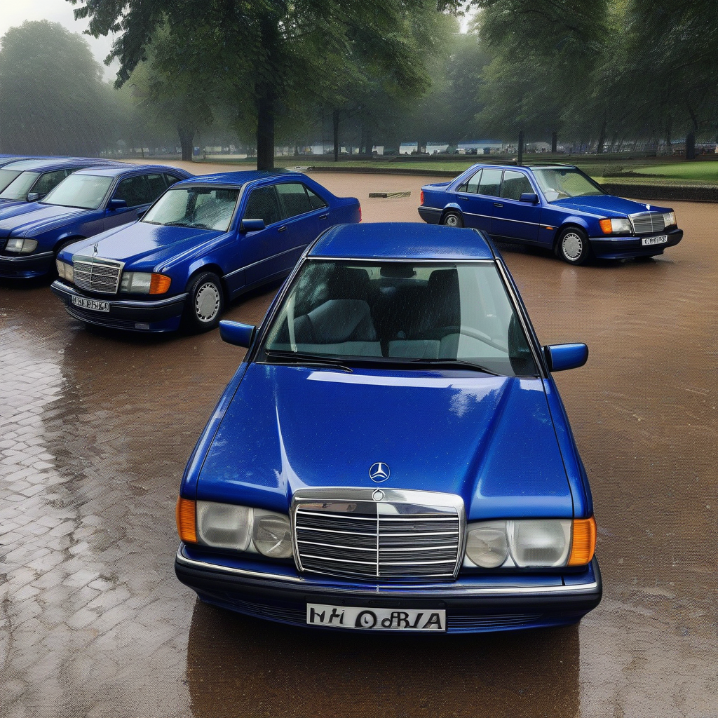 a row of royal blue mercedes w124 230e parked in the palace park during rain with two hot volleyball players by मुफ्त एआई छवि जनरेटर - बिना लॉगिन के✨ | AIGAZOU