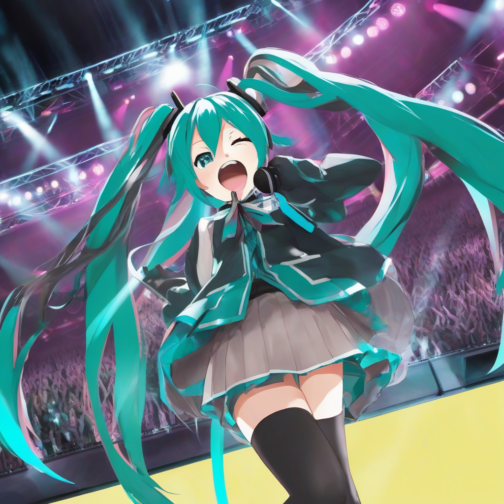 hatsune miku shouts into the microphone on stage by मुफ्त एआई छवि जनरेटर - बिना लॉगिन के✨ | AIGAZOU