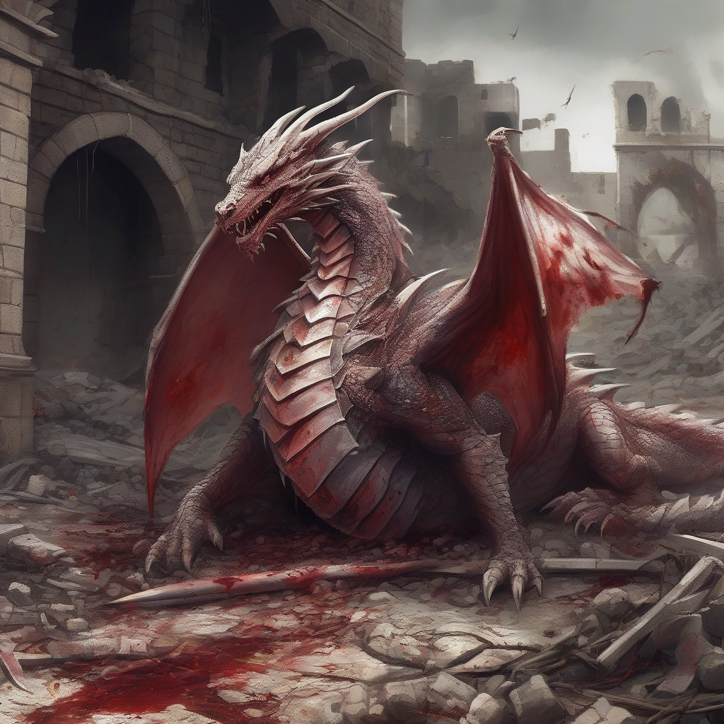 a dragon injured in a ruined town lies exhausted by मुफ्त एआई छवि जनरेटर - बिना लॉगिन के✨ | AIGAZOU