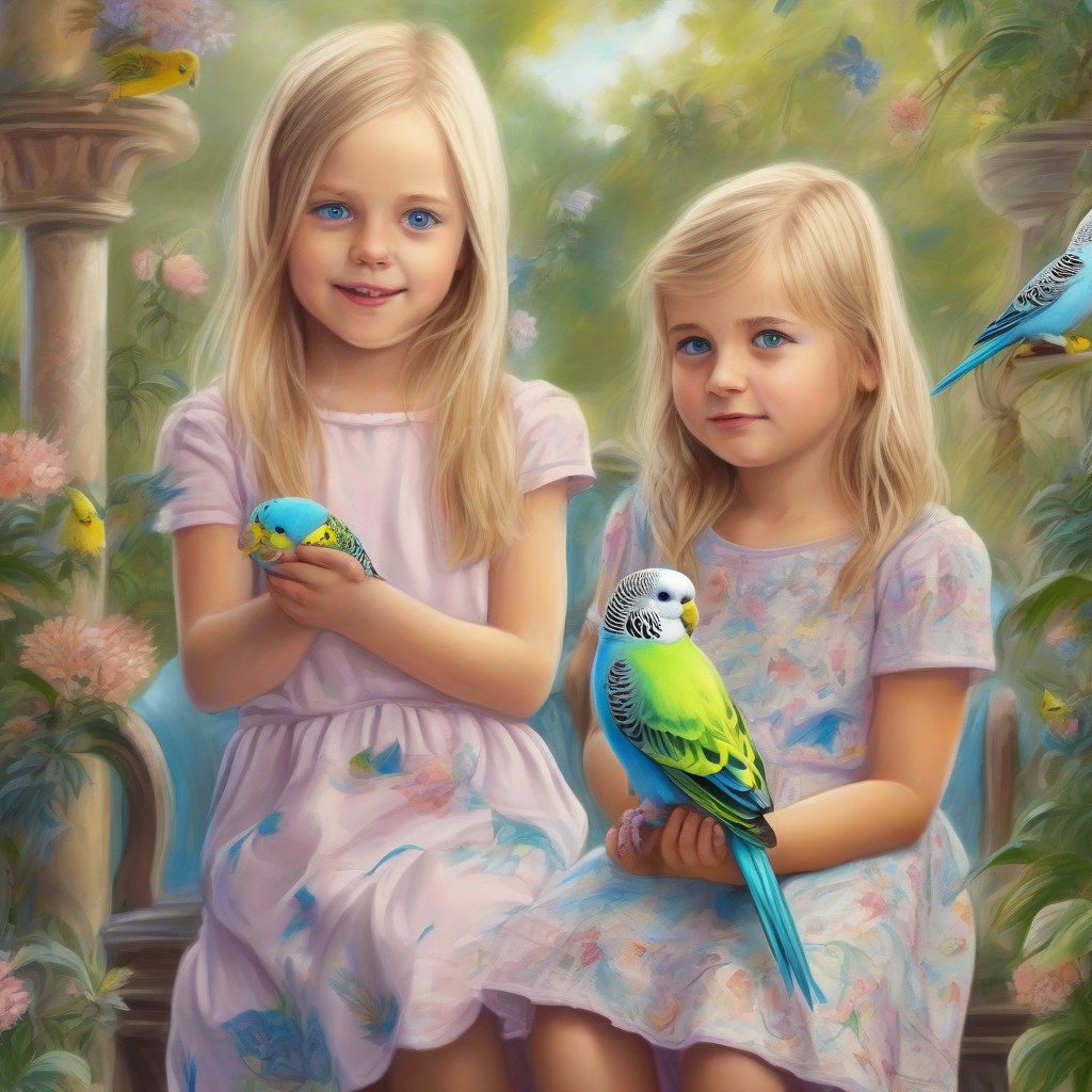 girl with blonde hair and blue eyes in garden with budgies by मुफ्त एआई छवि जनरेटर - बिना लॉगिन के✨ | AIGAZOU