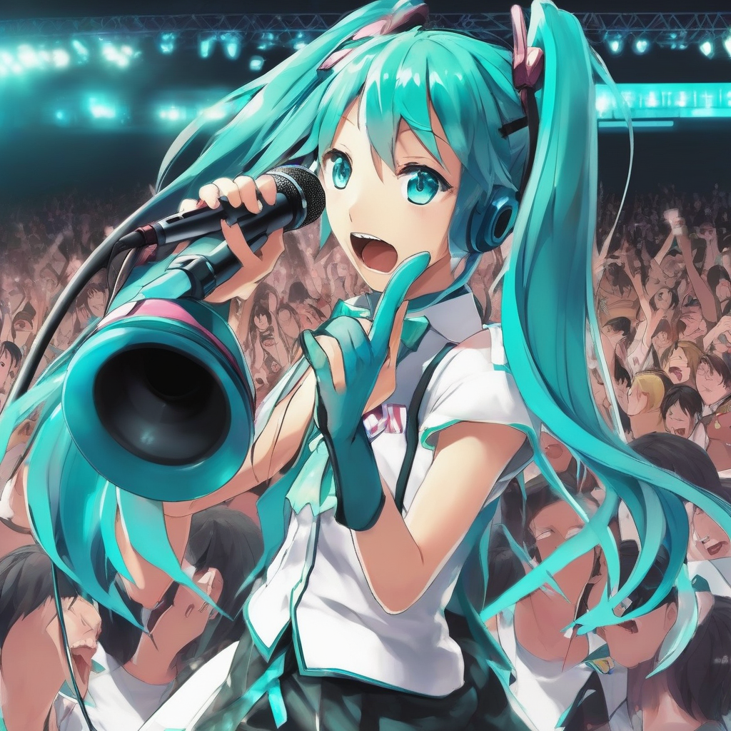 miku hoshino shouts into the microphone on stage with a band in the background by मुफ्त एआई छवि जनरेटर - बिना लॉगिन के✨ | AIGAZOU