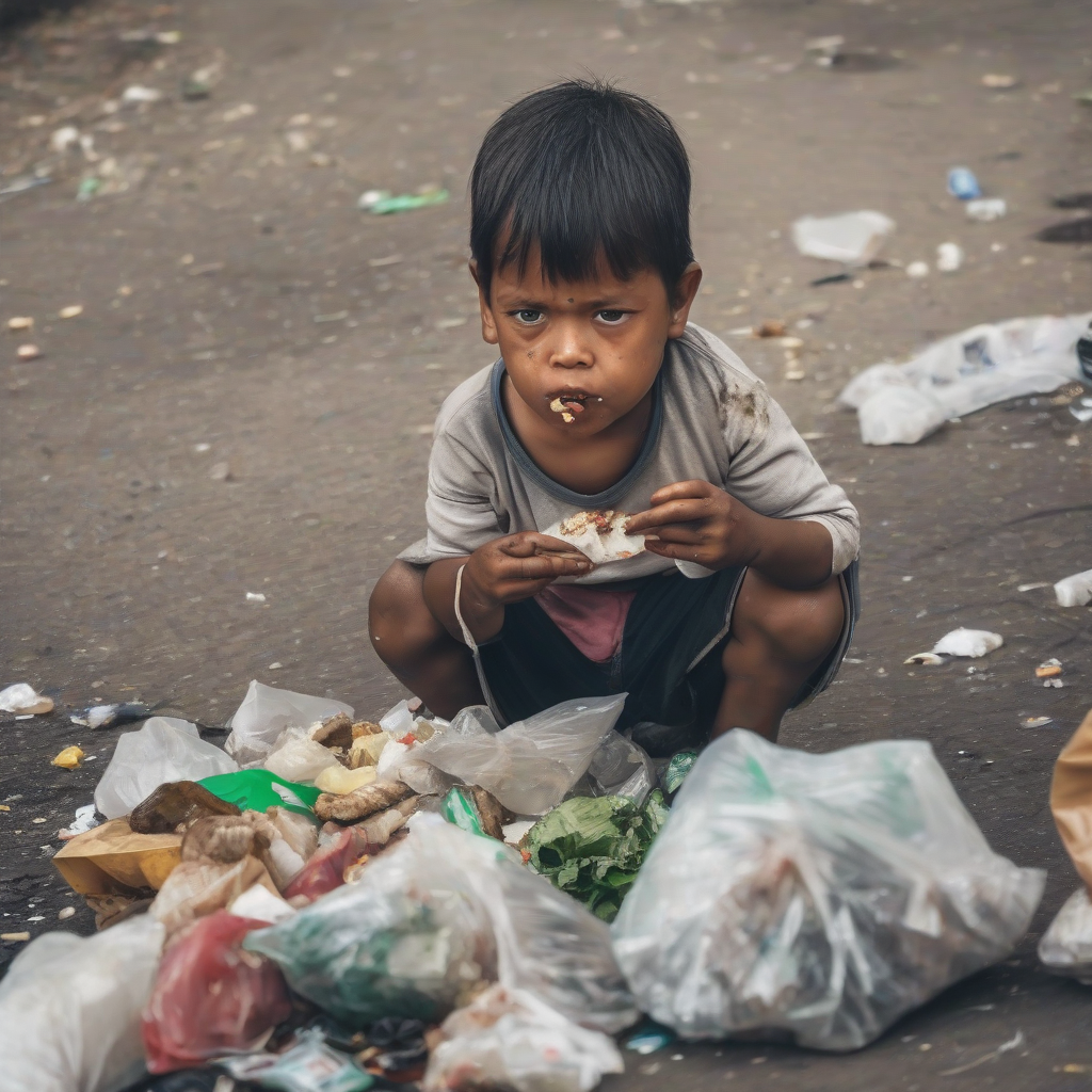 small helpless child eating garbage by मुफ्त एआई छवि जनरेटर - बिना लॉगिन के✨ | AIGAZOU