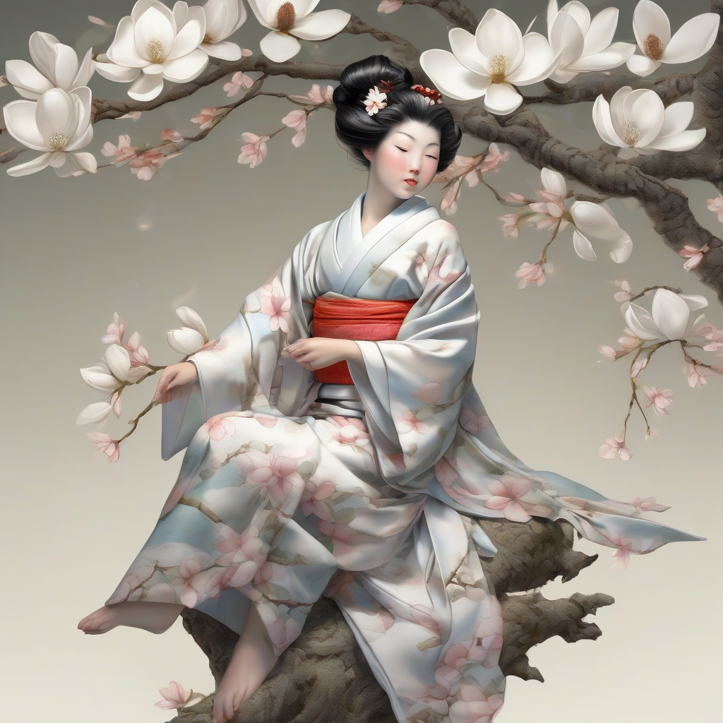 a beautiful girl in kimono sitting on white mokuren branches by Générateur d'images par IA gratuit - Aucune connexion nécessaire✨ | AIGAZOU