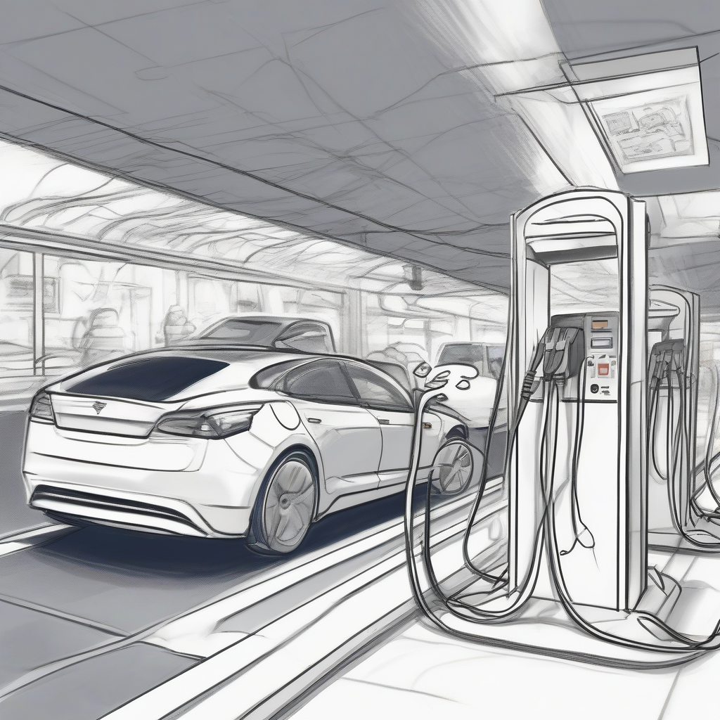 comic sketch of charging at an electric charging station with car and train by मुफ्त एआई छवि जनरेटर - बिना लॉगिन के✨ | AIGAZOU