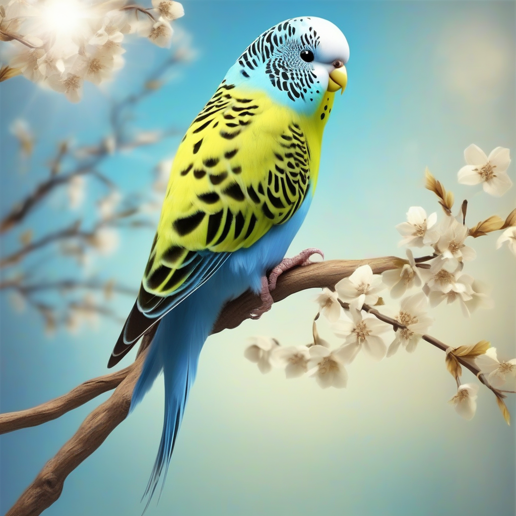 create a photorealistic image of a blue budgie on a brown branch in spring sunlight by 免费AI图像生成工具 | AIGAZOU