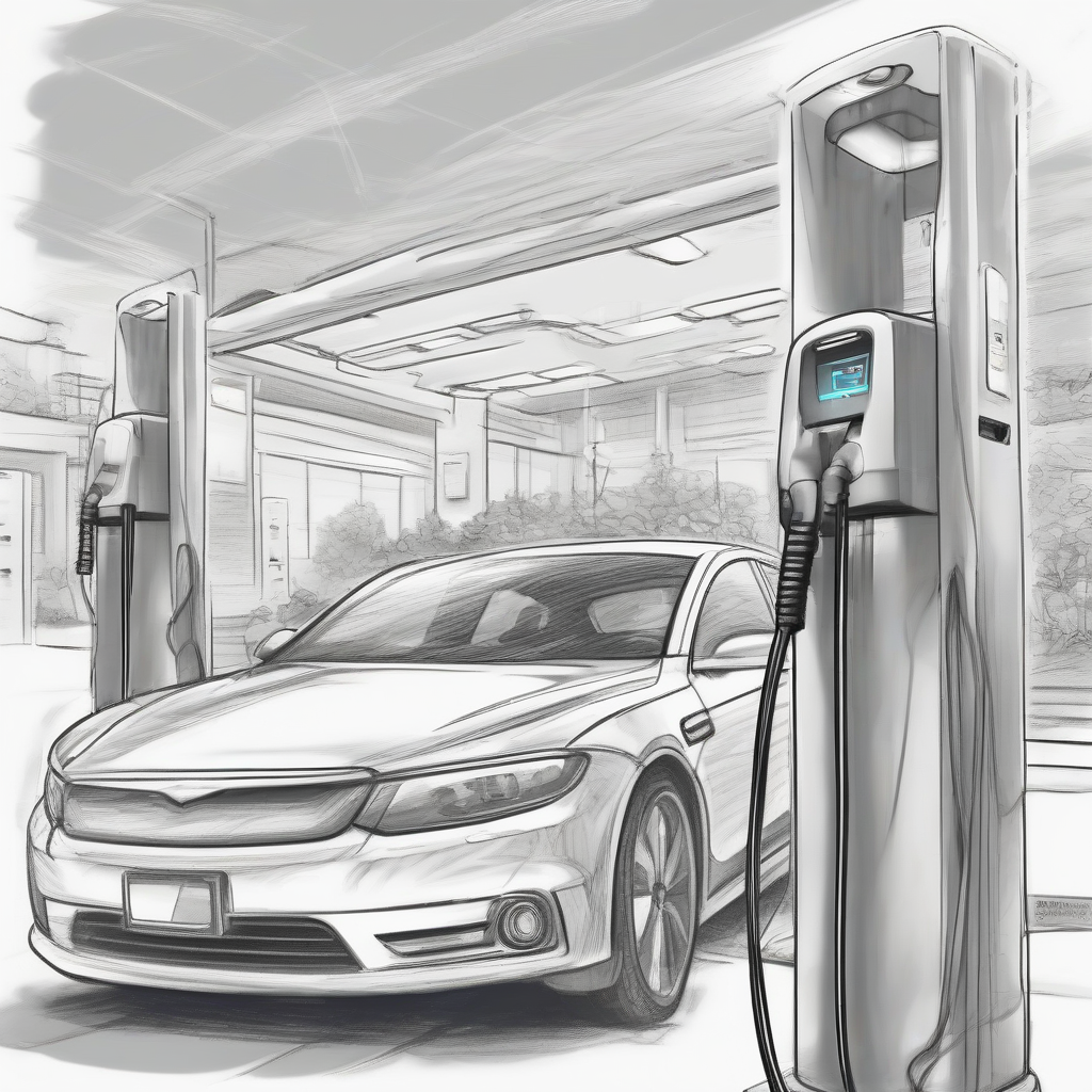 comic sketch of charging at electric charging station with car by मुफ्त एआई छवि जनरेटर - बिना लॉगिन के✨ | AIGAZOU