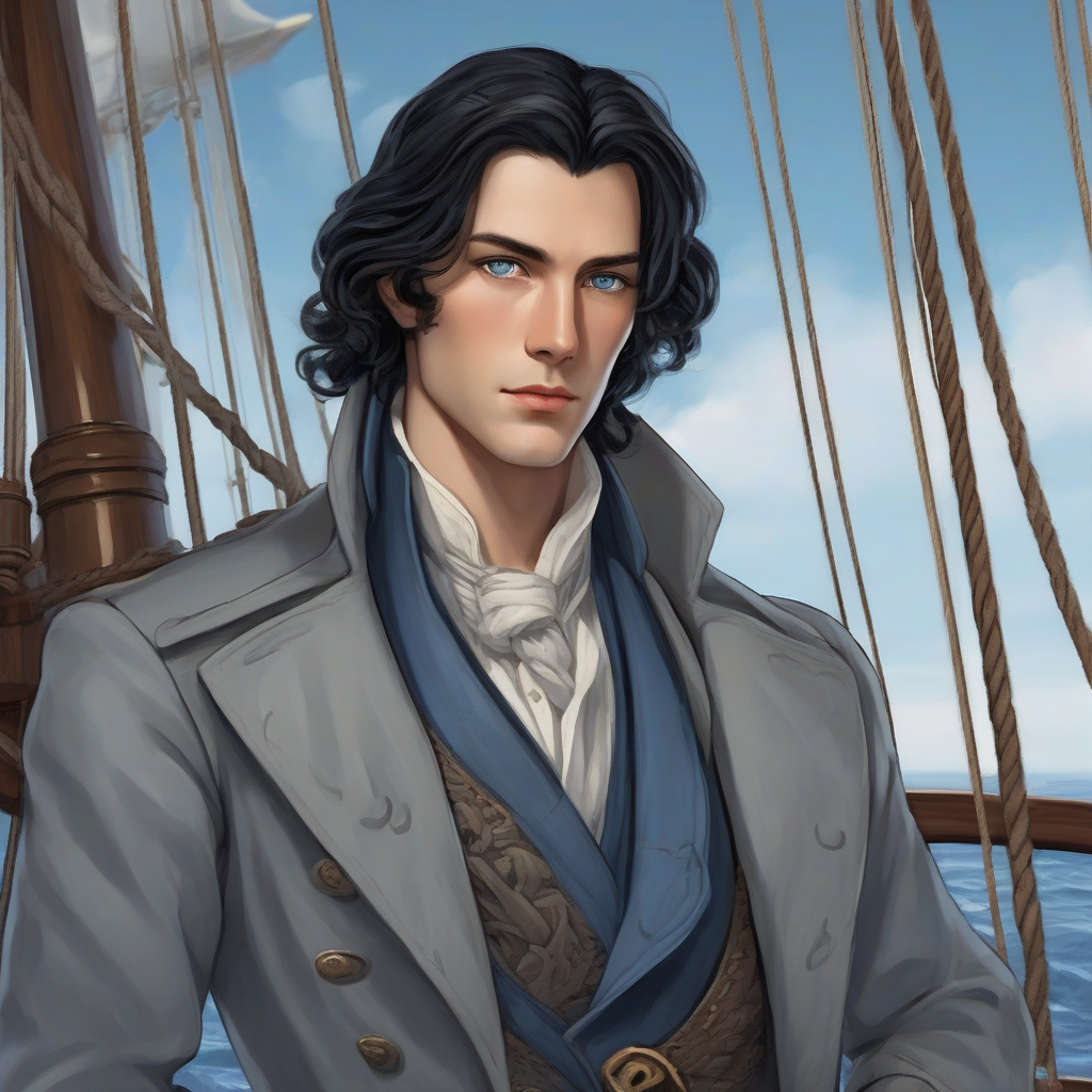 young man shoulder length black hair wide gray blue coat old sailboat blue eyes sharp features by मुफ्त एआई छवि जनरेटर - बिना लॉगिन के✨ | AIGAZOU