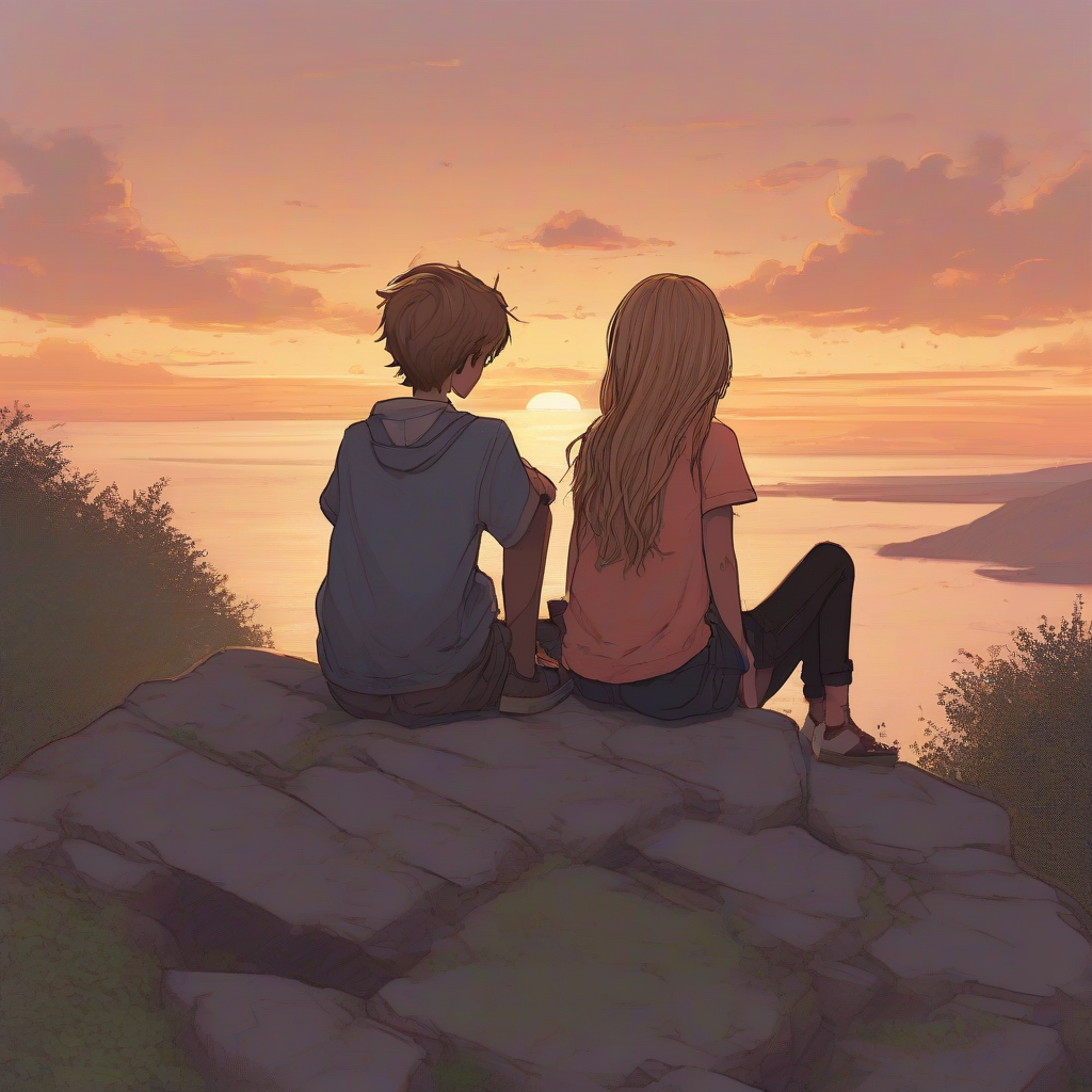 a brother and sister with dark blonde hair sit on a cliff watching the sunset by मुफ्त एआई छवि जनरेटर - बिना लॉगिन के✨ | AIGAZOU