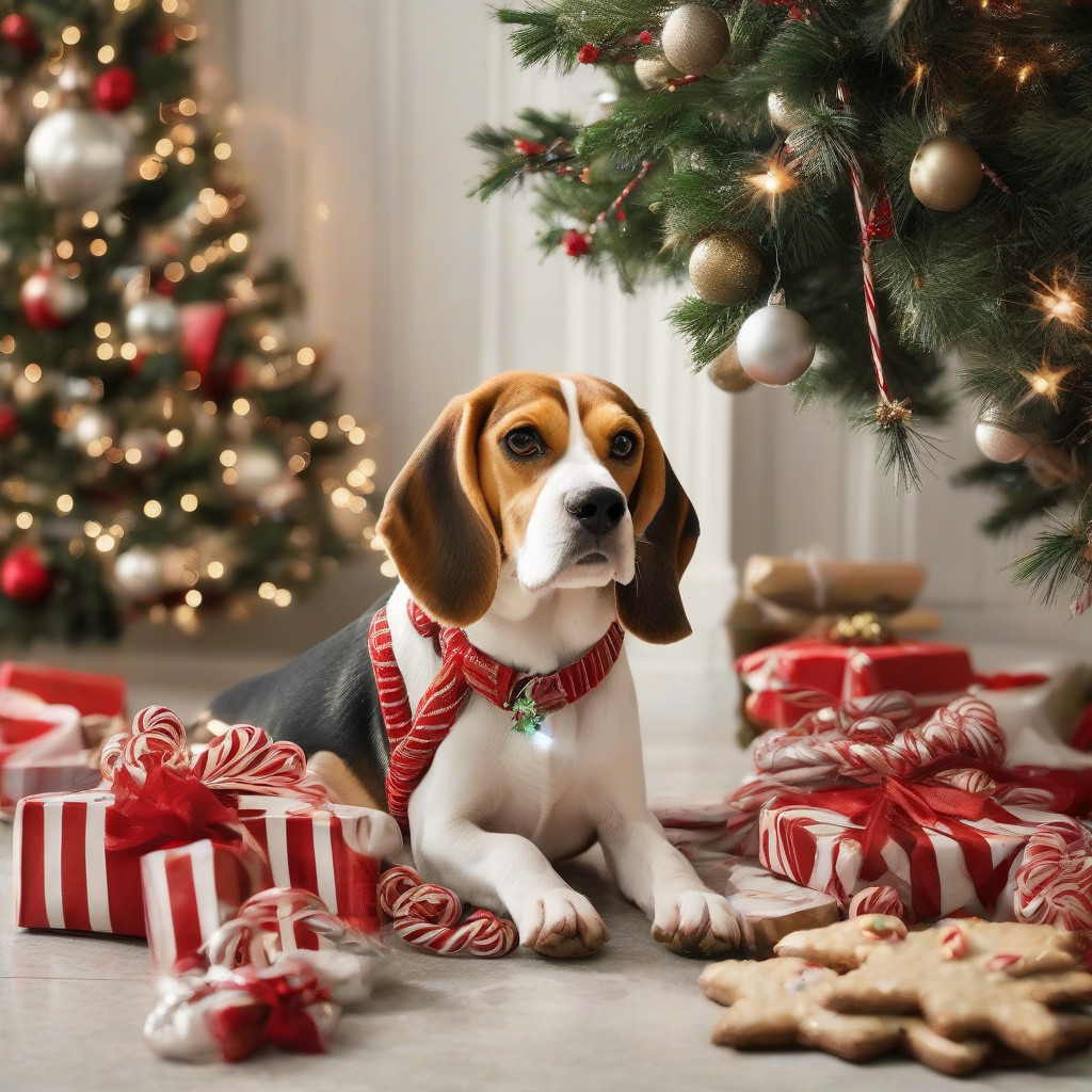 a sweet beagle under a decorated tree with gifts and lights by मुफ्त एआई छवि जनरेटर - बिना लॉगिन के✨ | AIGAZOU