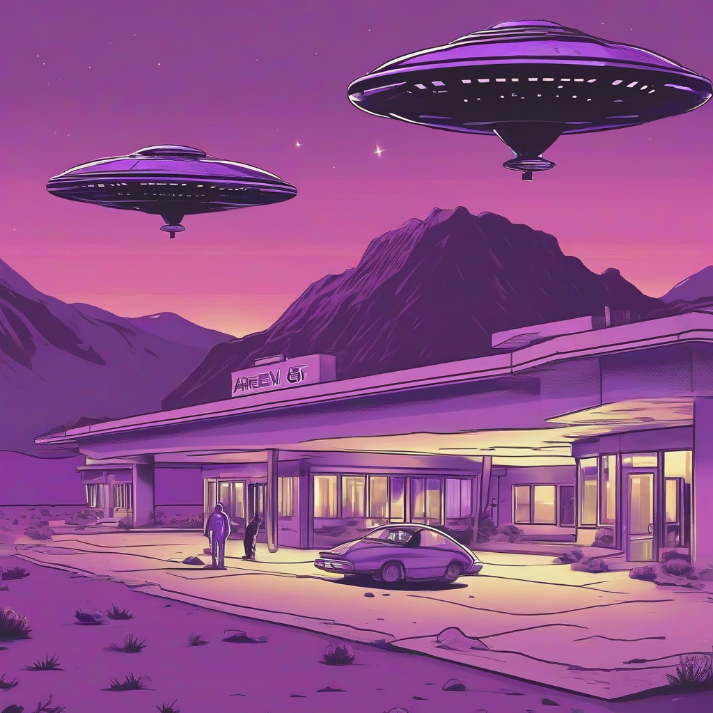 a purple hotel named area 51 with alien and flying ufo by मुफ्त एआई छवि जनरेटर - बिना लॉगिन के✨ | AIGAZOU