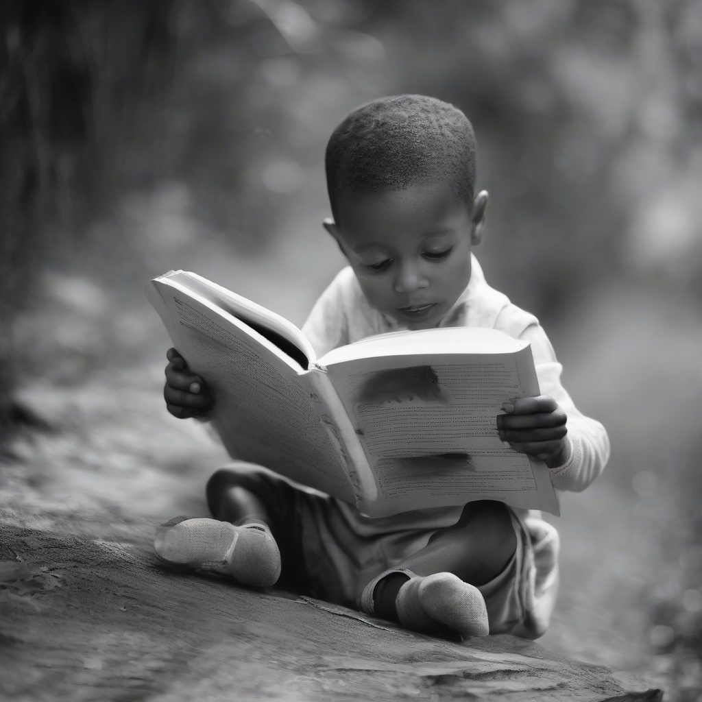 black and white photo of a small child with a book by मुफ्त एआई छवि जनरेटर - बिना लॉगिन के✨ | AIGAZOU