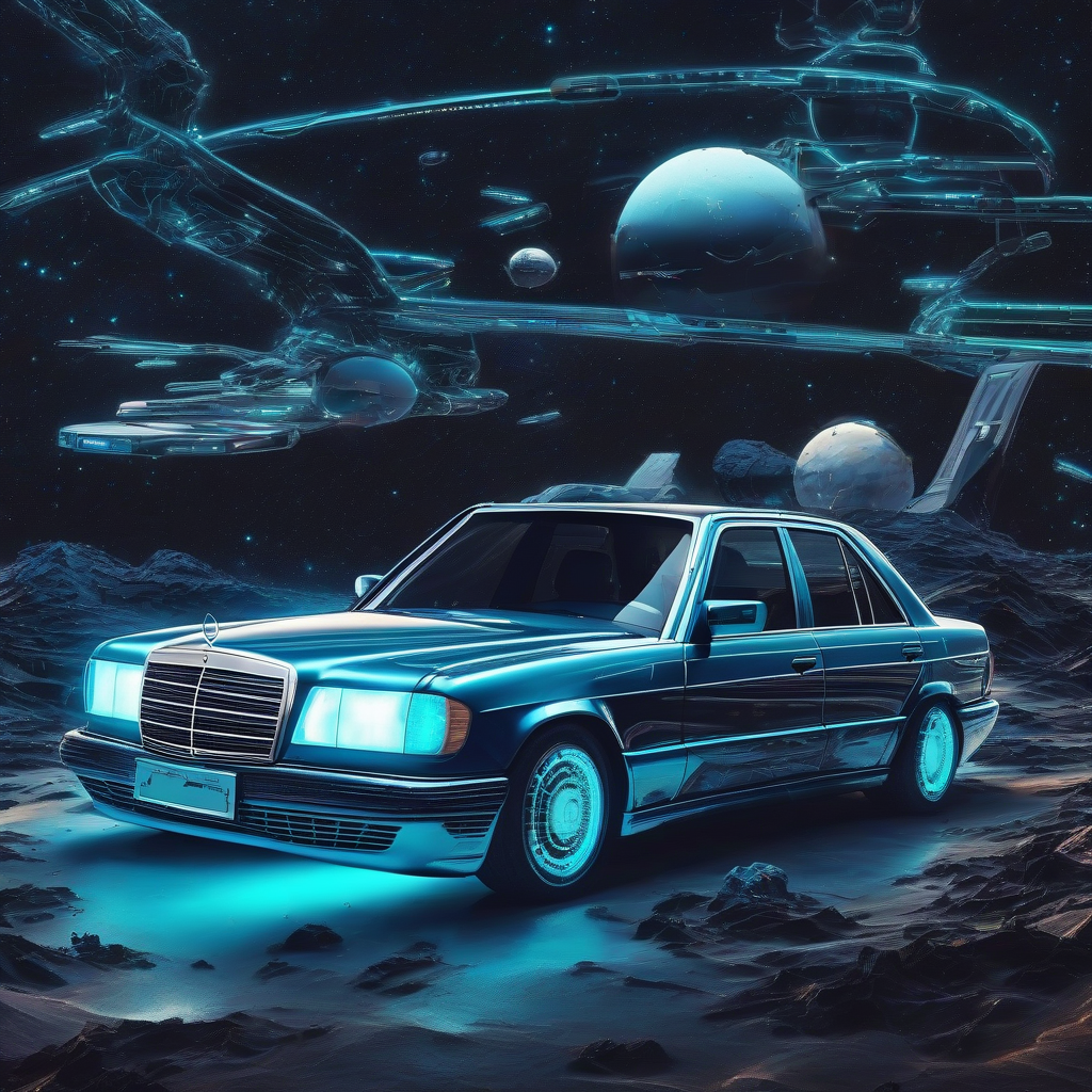 cyber futuristic mercedes w124 230e with cyan blue lighting in space by मुफ्त एआई छवि जनरेटर - बिना लॉगिन के✨ | AIGAZOU