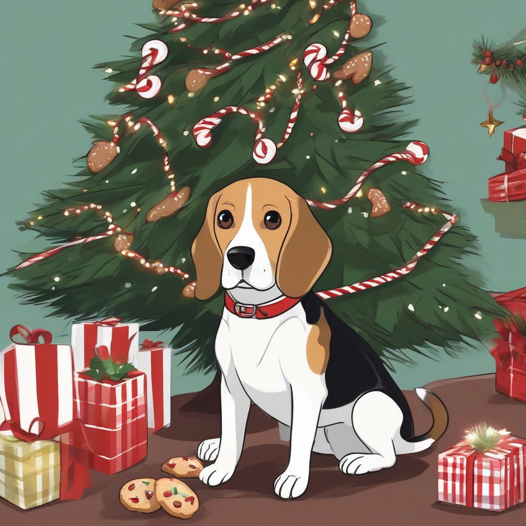 a sweet beagle under a decorated tree with lights and ornaments by मुफ्त एआई छवि जनरेटर - बिना लॉगिन के✨ | AIGAZOU