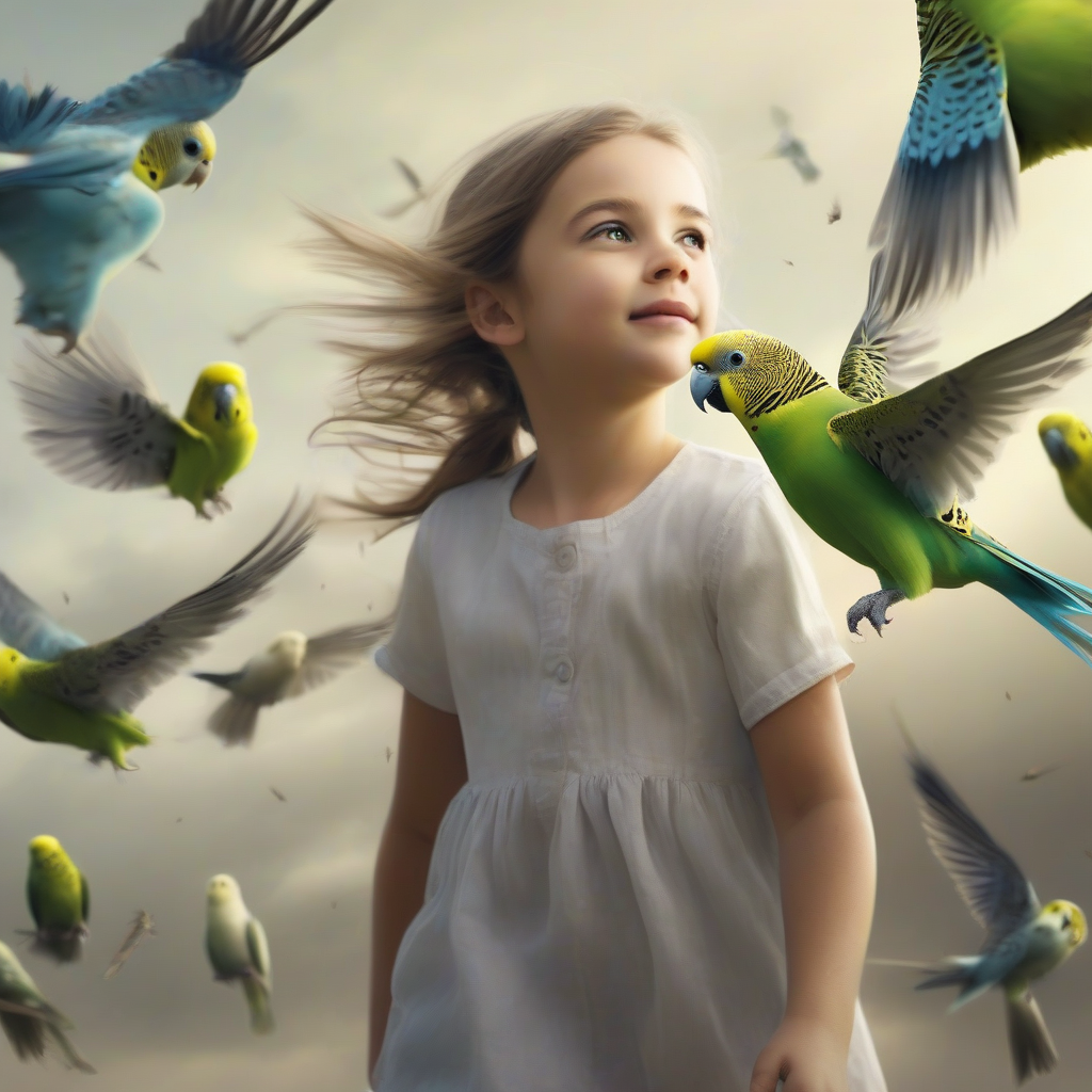 a little girl surrounded by budgies in a photorealistic style by मुफ्त एआई छवि जनरेटर - बिना लॉगिन के✨ | AIGAZOU