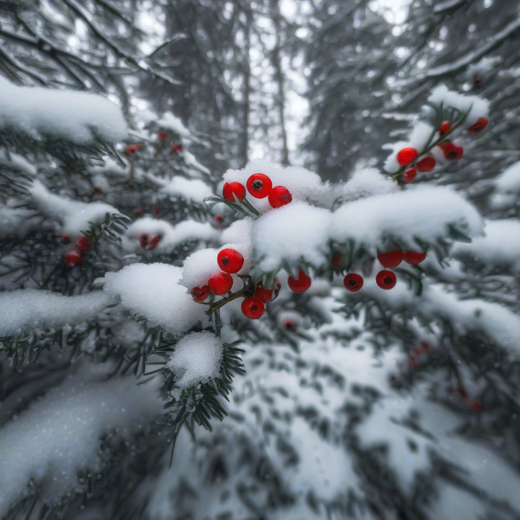 a fir tree with red berries in the snowy forest by 免费AI图像生成工具 | AIGAZOU