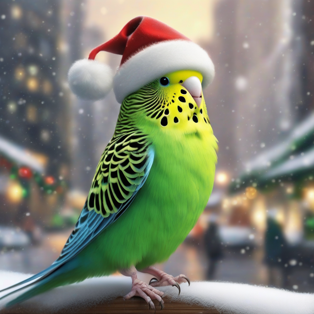 green budgie with santa hat in snowy city by मुफ्त एआई छवि जनरेटर - बिना लॉगिन के✨ | AIGAZOU