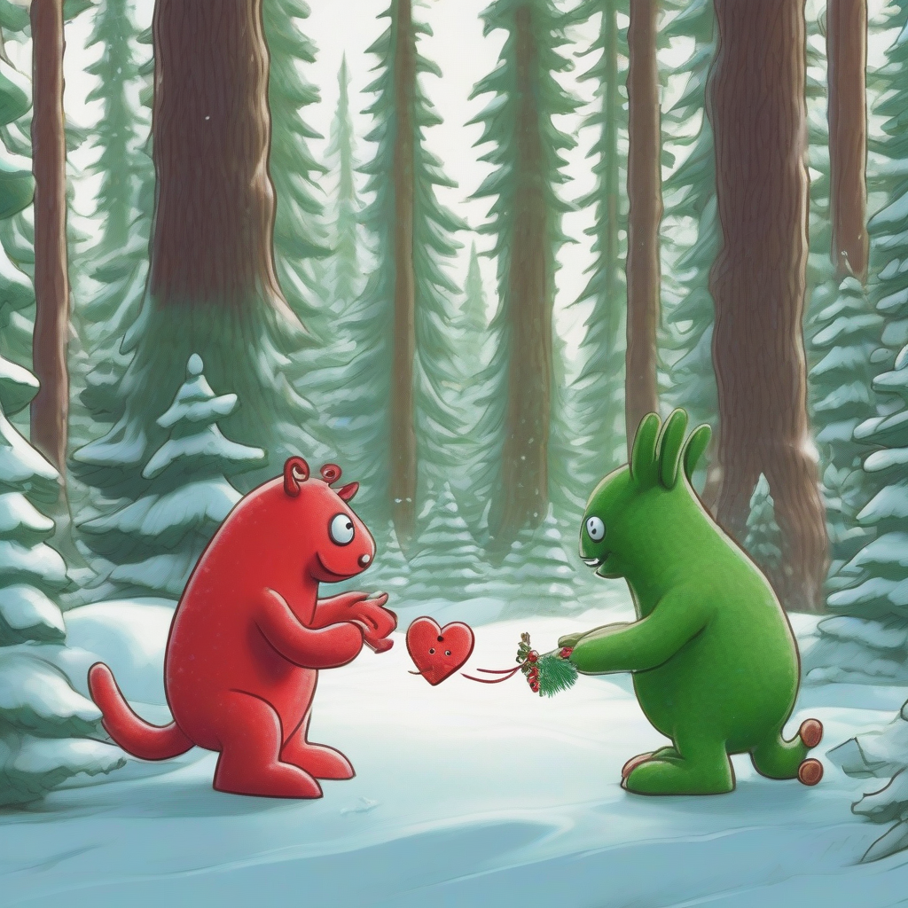 in a snowy fir forest a red creature gives a green creature a gingerbread heart as an apology by मुफ्त एआई छवि जनरेटर - बिना लॉगिन के✨ | AIGAZOU