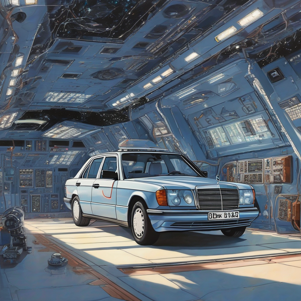 a series of diamond blue mercedes w124 230e in a space station inspected by three super hot bath nymphs by Générateur d'images par IA gratuit - Aucune connexion nécessaire✨ | AIGAZOU