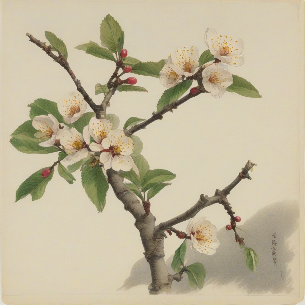 color drawing of a distant view of a plum tree branch in flower and fruit by मुफ्त एआई छवि जनरेटर - बिना लॉगिन के✨ | AIGAZOU