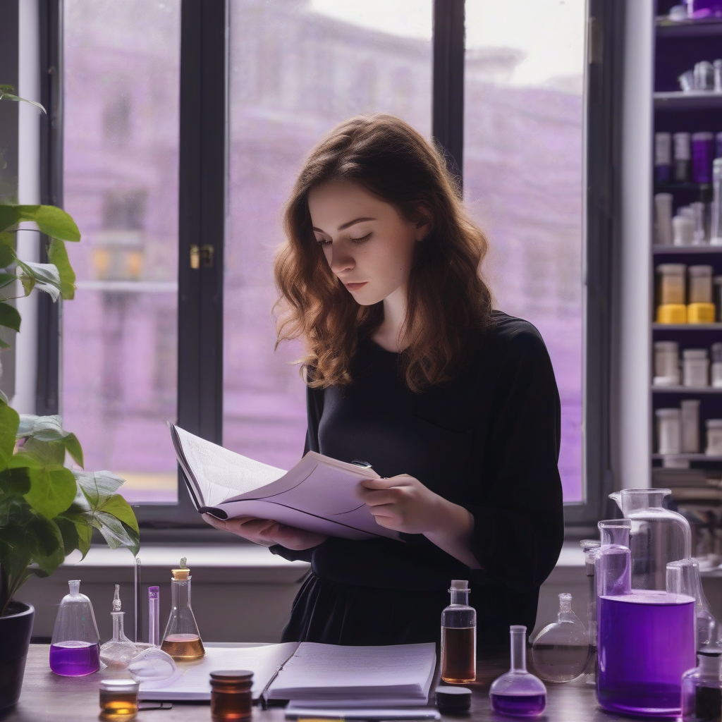 brown haired woman pale skin black clothes studying chemistry window purple by मुफ्त एआई छवि जनरेटर - बिना लॉगिन के✨ | AIGAZOU