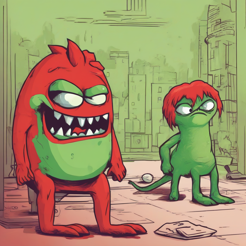 a red creature is angry and a green creature sits offended next to it by Générateur d'images par IA gratuit - Aucune connexion nécessaire✨ | AIGAZOU