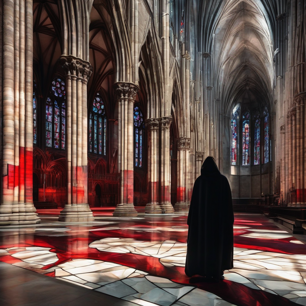 person in dark robe shadow cathedral crack floor vibrant red stained glass windows by मुफ्त एआई छवि जनरेटर - बिना लॉगिन के✨ | AIGAZOU