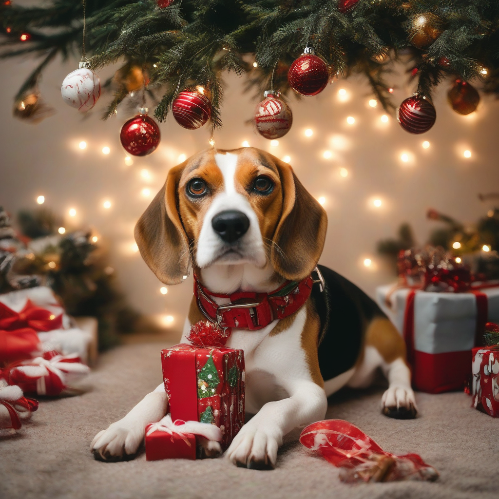 a sweet beagle under a decorated tree with gifts and lights by मुफ्त एआई छवि जनरेटर - बिना लॉगिन के✨ | AIGAZOU