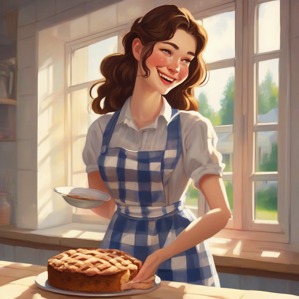 young woman in plaid apron holding apple cake by window by मुफ्त एआई छवि जनरेटर - बिना लॉगिन के✨ | AIGAZOU