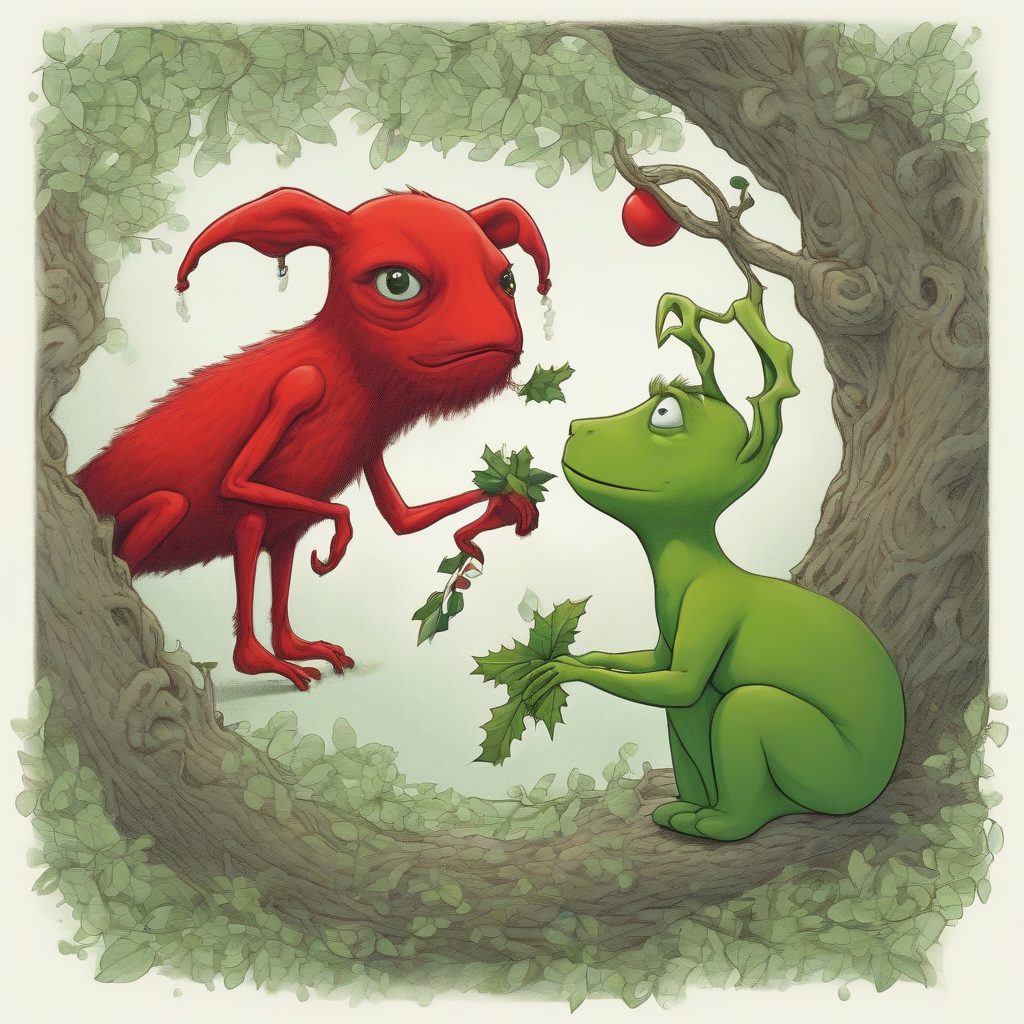 a red creature reconciles with a green creature under a mistletoe by मुफ्त एआई छवि जनरेटर - बिना लॉगिन के✨ | AIGAZOU