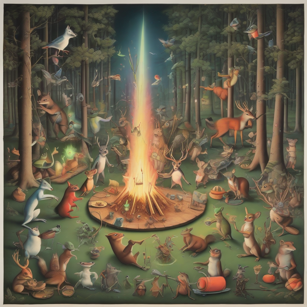 surreal hieronymus bosch style birds frogs beetles foxes squirrels deer celebrate techno festival laser show forest small campfire by मुफ्त एआई छवि जनरेटर - बिना लॉगिन के✨ | AIGAZOU