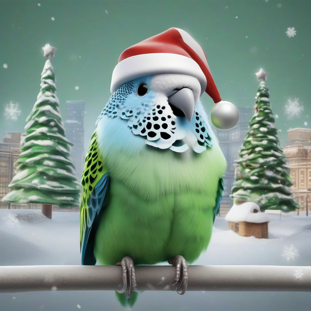 green budgie with santa hat in snowy city by मुफ्त एआई छवि जनरेटर - बिना लॉगिन के✨ | AIGAZOU