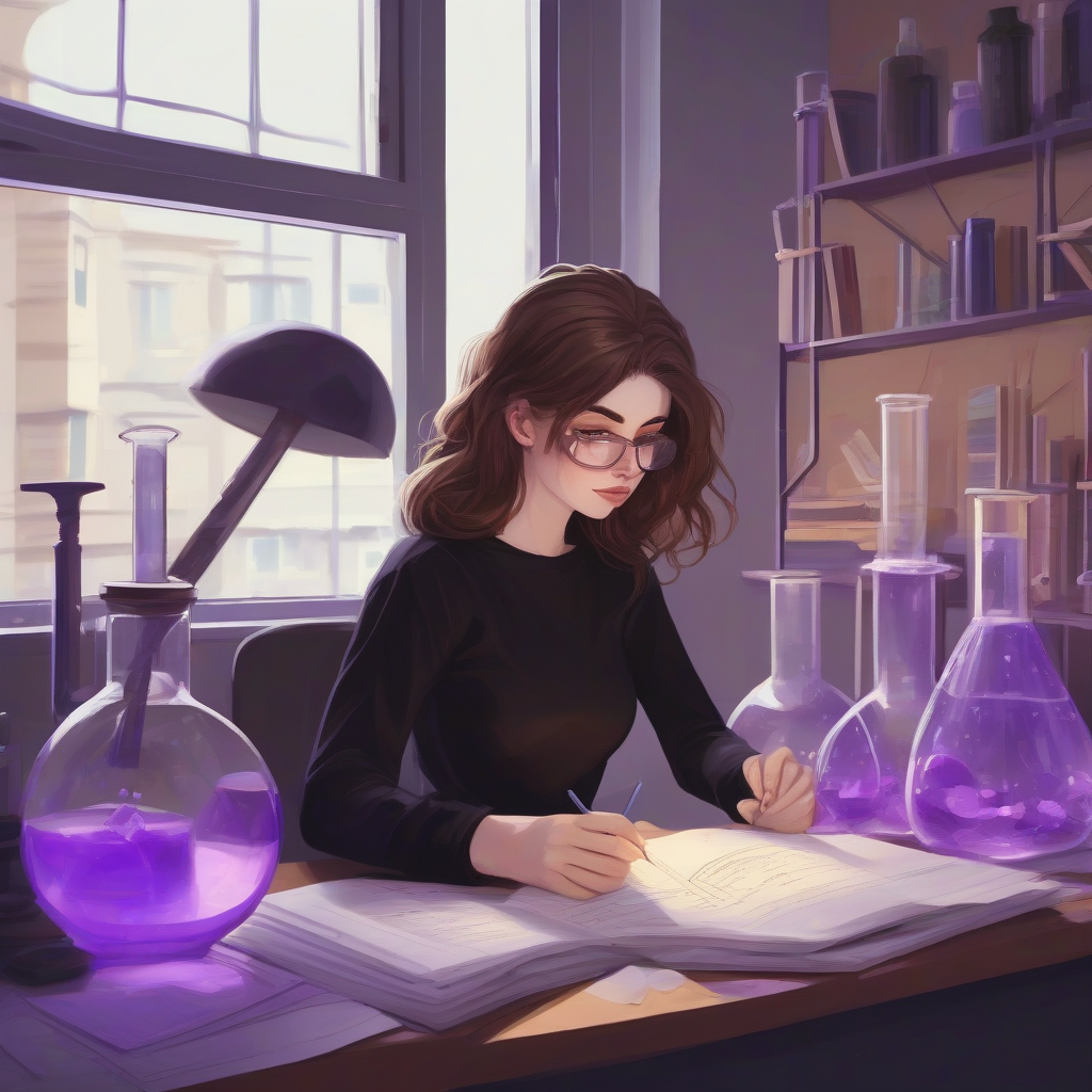 brown haired woman pale skin black clothes studying chemistry in front of window purple by मुफ्त एआई छवि जनरेटर - बिना लॉगिन के✨ | AIGAZOU