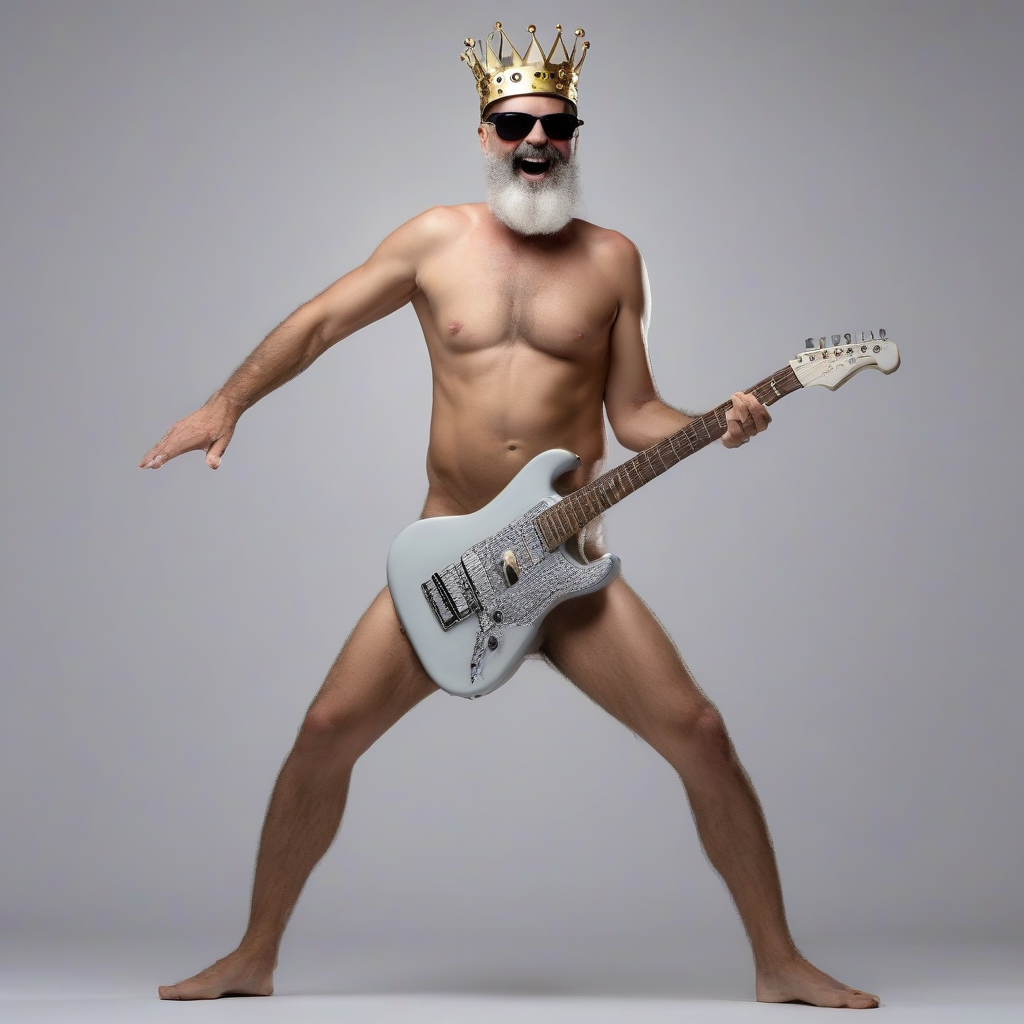 dancing bare very fit middle aged man with short gray beard sunglasses shorts electric guitar and crown by मुफ्त एआई छवि जनरेटर - बिना लॉगिन के✨ | AIGAZOU