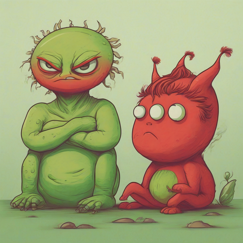 a red pregnant creature is grumpy and a green creature sits offended next to it by मुफ्त एआई छवि जनरेटर - बिना लॉगिन के✨ | AIGAZOU