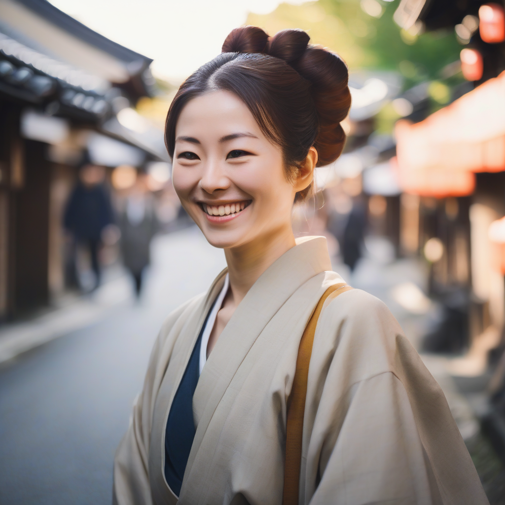 smiling woman in kyoto with a single bun bright by मुफ्त एआई छवि जनरेटर - बिना लॉगिन के✨ | AIGAZOU