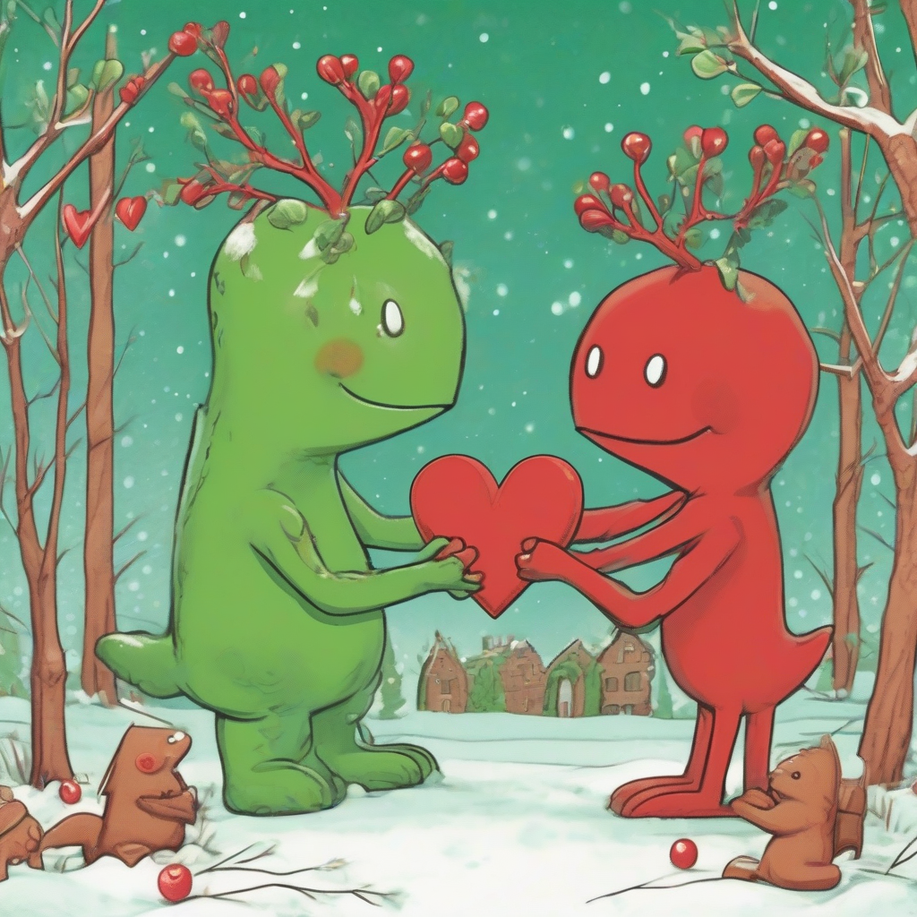 a red creature gives a green creature a gingerbread heart as an apology with a mistletoe branch above them by Générateur d'images par IA gratuit - Aucune connexion nécessaire✨ | AIGAZOU