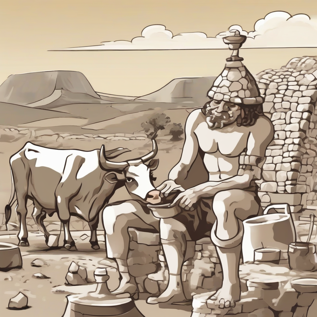 cartoon man milking cow with nuraghe background by मुफ्त एआई छवि जनरेटर - बिना लॉगिन के✨ | AIGAZOU