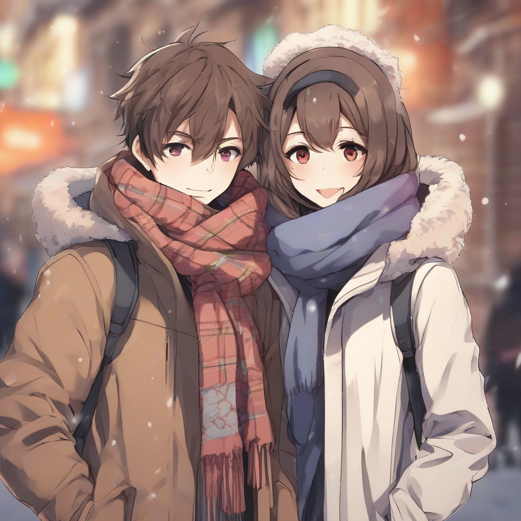 couple two people coat scarf anime style up to chest by मुफ्त एआई छवि जनरेटर - बिना लॉगिन के✨ | AIGAZOU