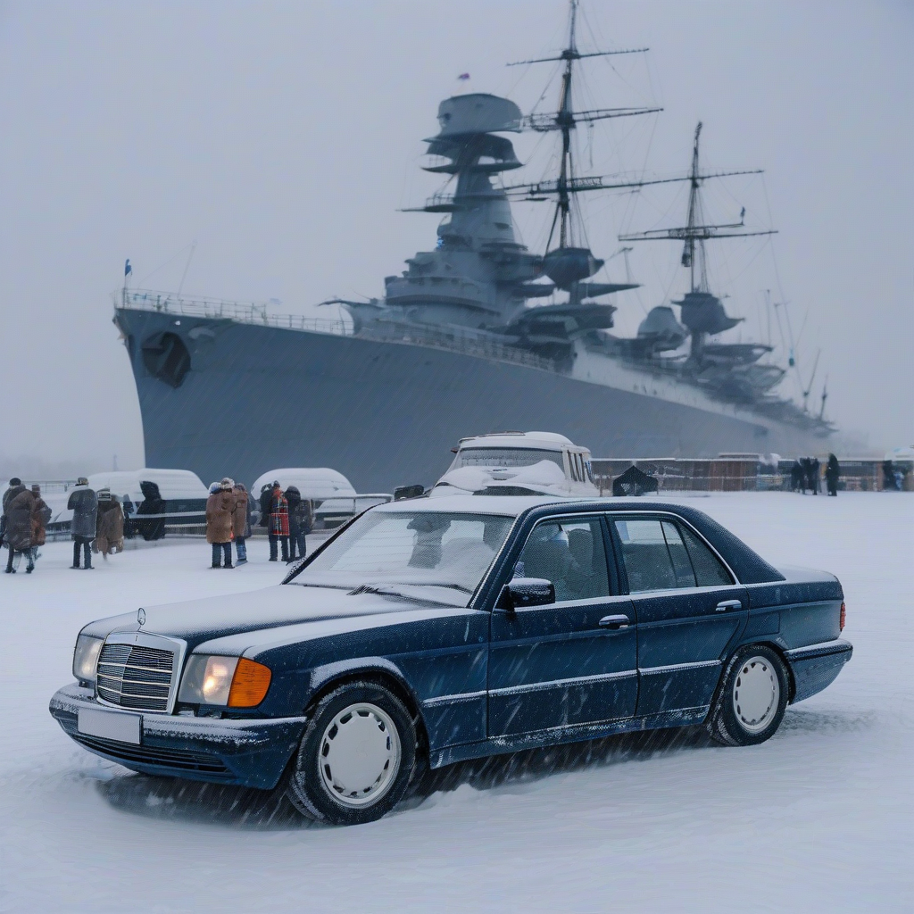 a series of deep blue mercedes w124 230e parked on the deck of the bismarck battleship during a snowstorm with by Générateur d'images par IA gratuit - Aucune connexion nécessaire✨ | AIGAZOU