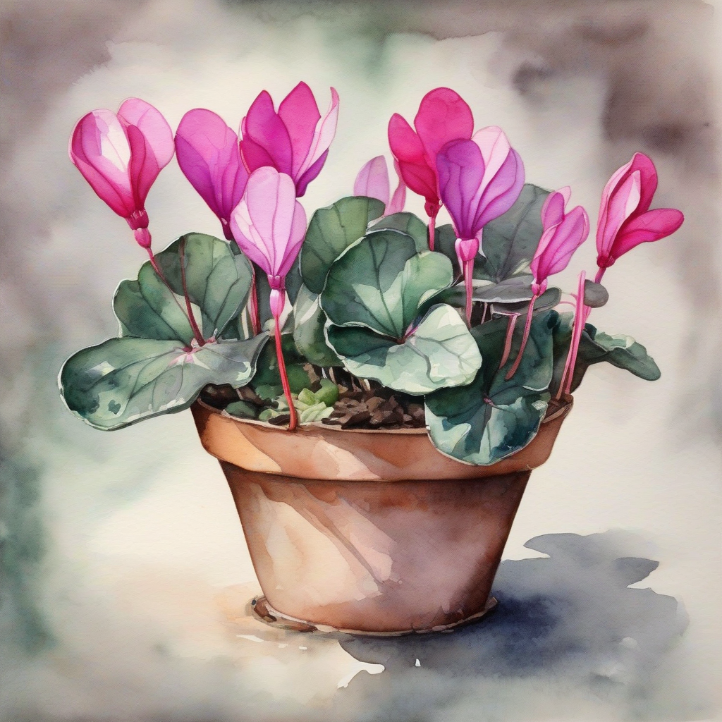 cyclamen potted plant watercolor painting by मुफ्त एआई छवि जनरेटर - बिना लॉगिन के✨ | AIGAZOU